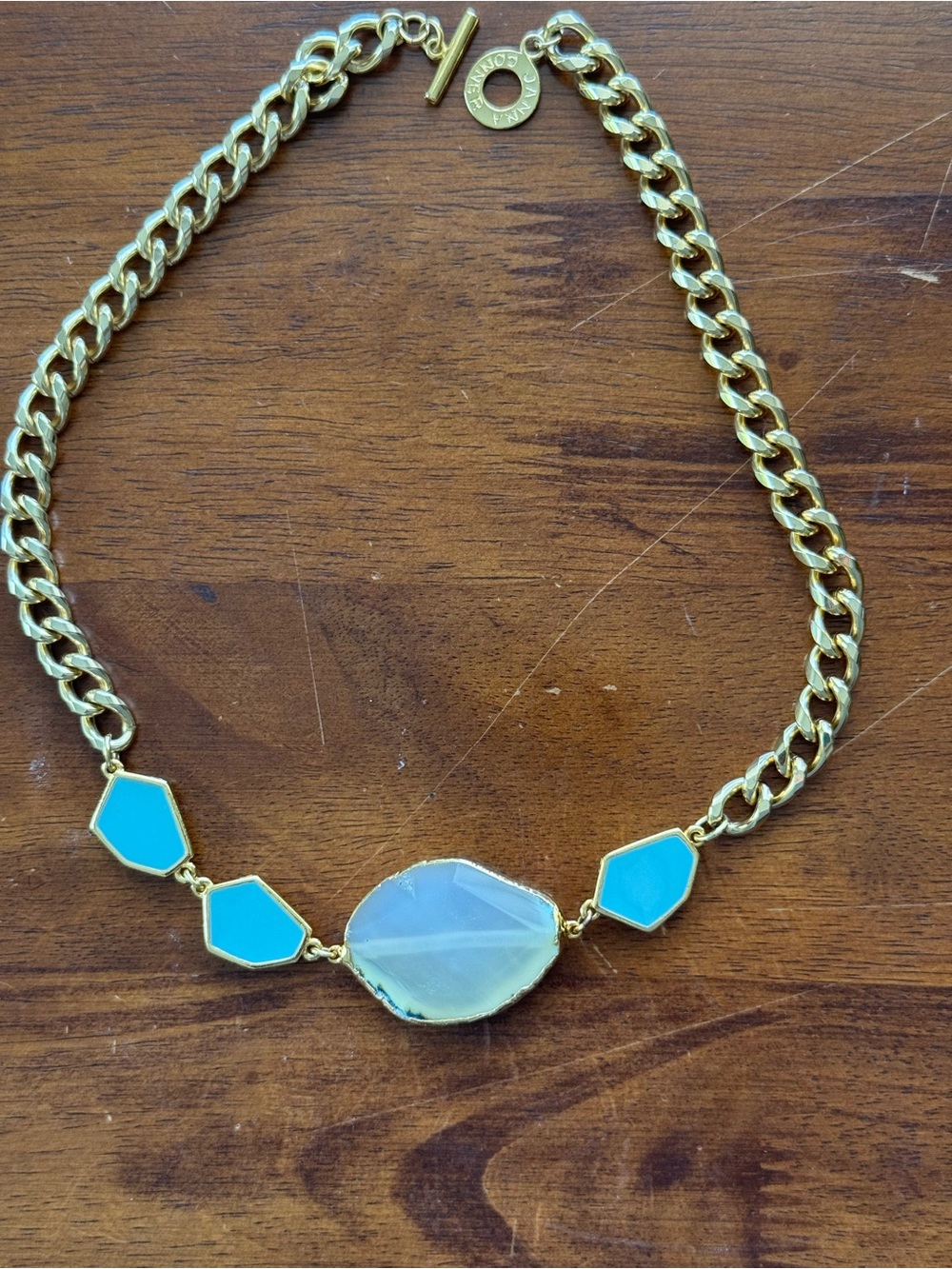 Gold-Tone Chain Necklace with Turquoise Accents and Central White Stone